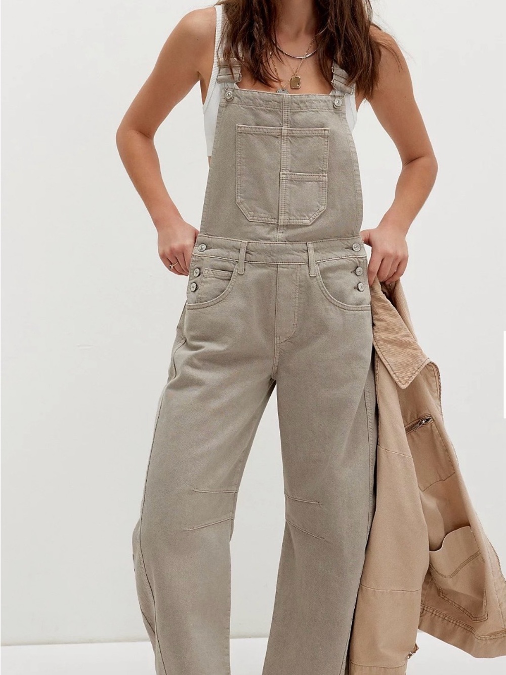 Free People Taupe Utility Overalls Jumpsuit